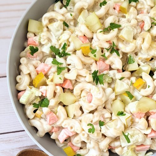 dill pickle macaroni salad recipe with pickles no gluten pasta vegan dairy free macaroni pickle salad summer pickle recipes for cookout entertaining fresh or jarred pickle recipes