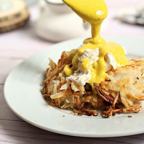 gluten free eggs benedict with hash browns potato egg benedict recipe without bread healthy fun eggs benedict non traditional recipes for breakfast and brunch store bought hollandaise sauce