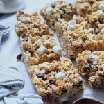 fun rice krispie treats with s'mores campfire marshmallow rice krispies treats milk chocolate and vanilla dessert bars with rice cereal summer desserts for a bbq party potluck dessert or cookout treats