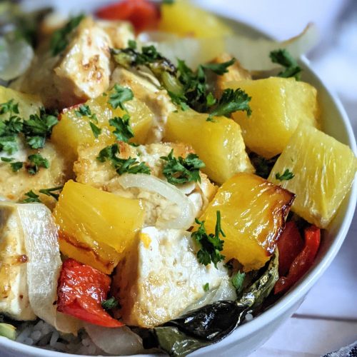 pineapple tofu rice bowls recipe healthy sheet pan dinners meatless vegan and vegetarian with tofu