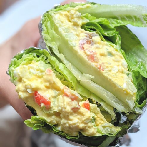 keto egg salad wrap recipe with romaine lettuce and easy peel hardboiled eggs for lunch