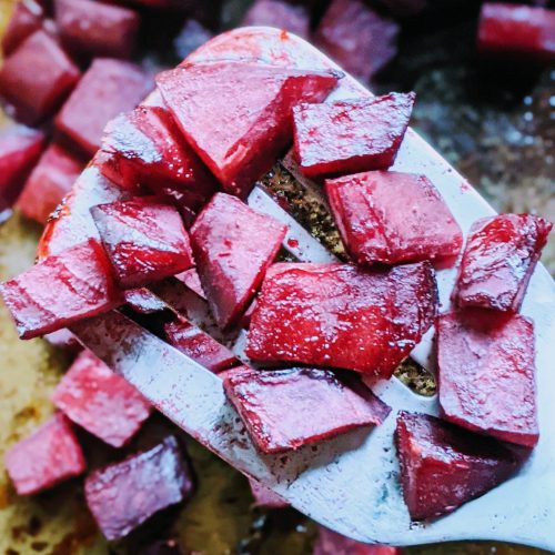 oven baked beets in a sheet pan with honey and olive oil vegetable bake