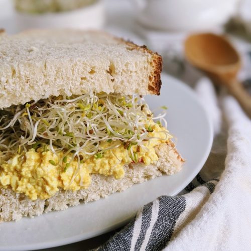 tofu egg salad without mayo healthy vegan tofu salad sandwich no mayonnaise recipe with bread and sprouts