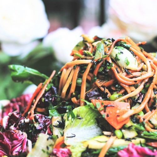 miso soba noodle salad recipe with carrots green onion scallions red cabbage and savoy napa cabbage in a sriracha lime dressing