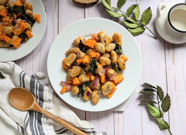 sheet pan gnocchi recipe butternut squash kale vegetables vegan one pan pastas with olive oil garlic and herbs de Provence