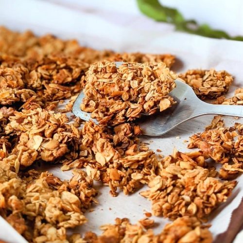 granola with coconut recipe healthy no sugar added naturally sweetened granola with maple syrup nuts and almonds coconut flakes unsweetened granola