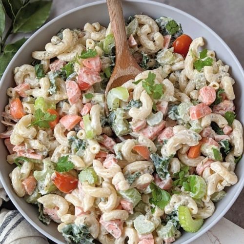 macaroni salad with ranch dressing vegetarian gluten free ranch pasta salad recipe with a spoon taking noodles.