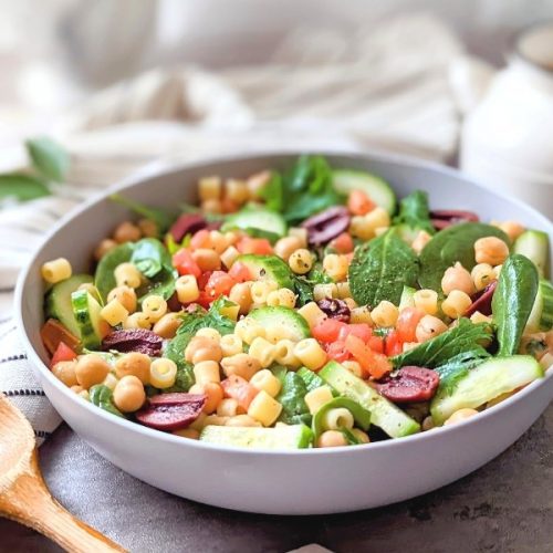 a big bowl of vegan pasta salad with ditalini noodles cucumber spinach tomatoes and olives in a red wine dressing for pasta salad.