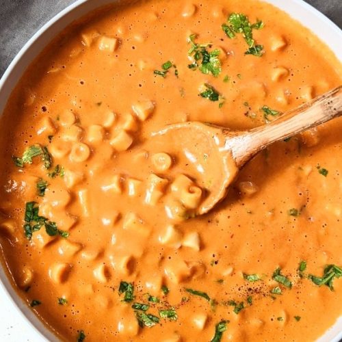 tomato soup with pasta recipe no milk tomato soup with cashews and noodles for a healthy dairy free dinner in a bowl with a spoon.