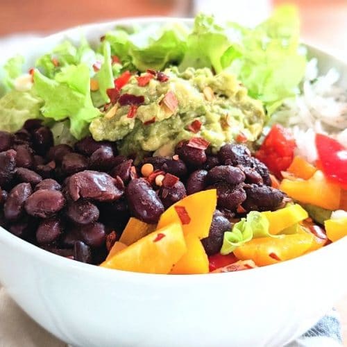 vegan taco bowls with cilantro lime rice avocado guacamole and chipotle black beans recipe