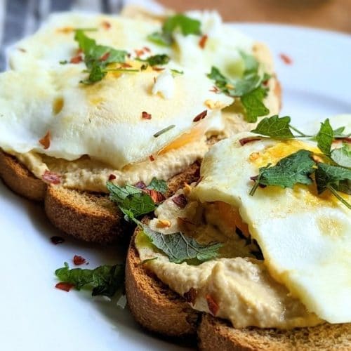 breakfast hummus eggs recipe healthy high protein hummus brunch ideas with eggs and whole grain toast.