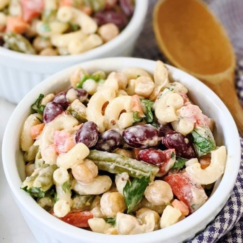 three bean macaroni salad recipe vegetarian vegan 3 bean salad with macaroni recipe healthy plant based three bean salad with kidney beans chickpeas and green beans and pasta salad plant based