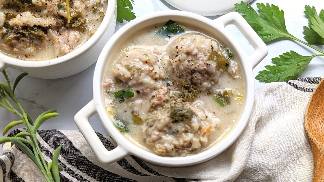 giouvarlakia avgolemono soup recipe with lemon and egg meatball soup with escarole spinach or kale