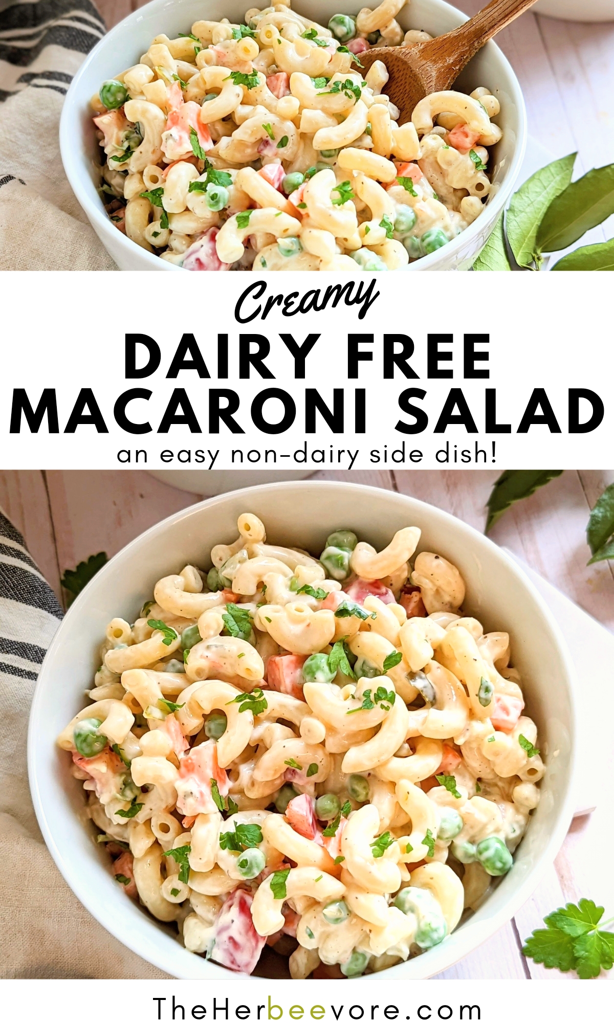 dairy free macaroni salad recipe with peas carrots bell pepper celery vegan mayo dairy free mac salad with apple cider vinegar dressing