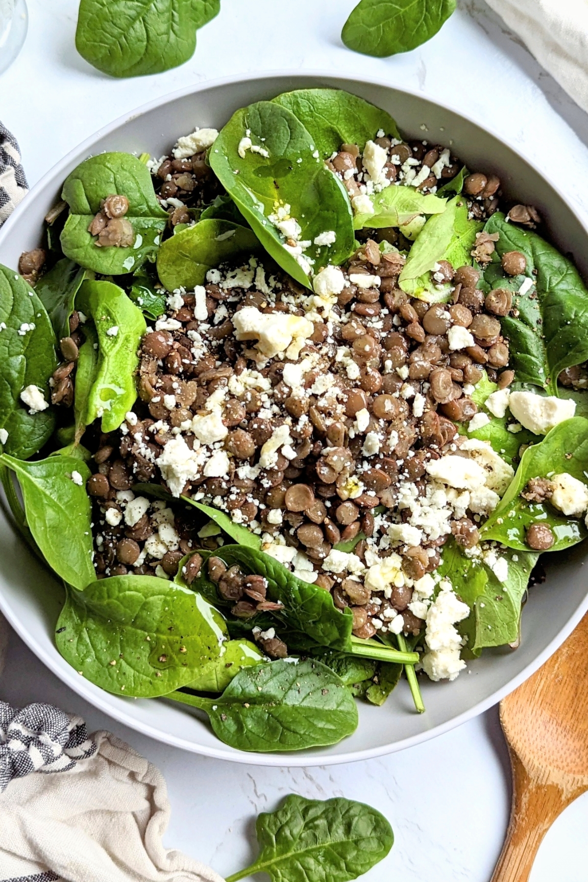 lentil spinach salad recipe with brown lentils feta cheese and an apple cider vinaigrette dressing recipe