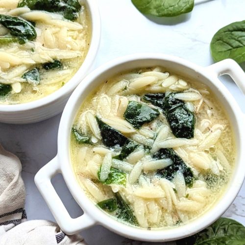 orzo soup with spinach recipe healthy creamy orzo soup with lemon and spinach in the egg broth in a dish with spinach as a garnish