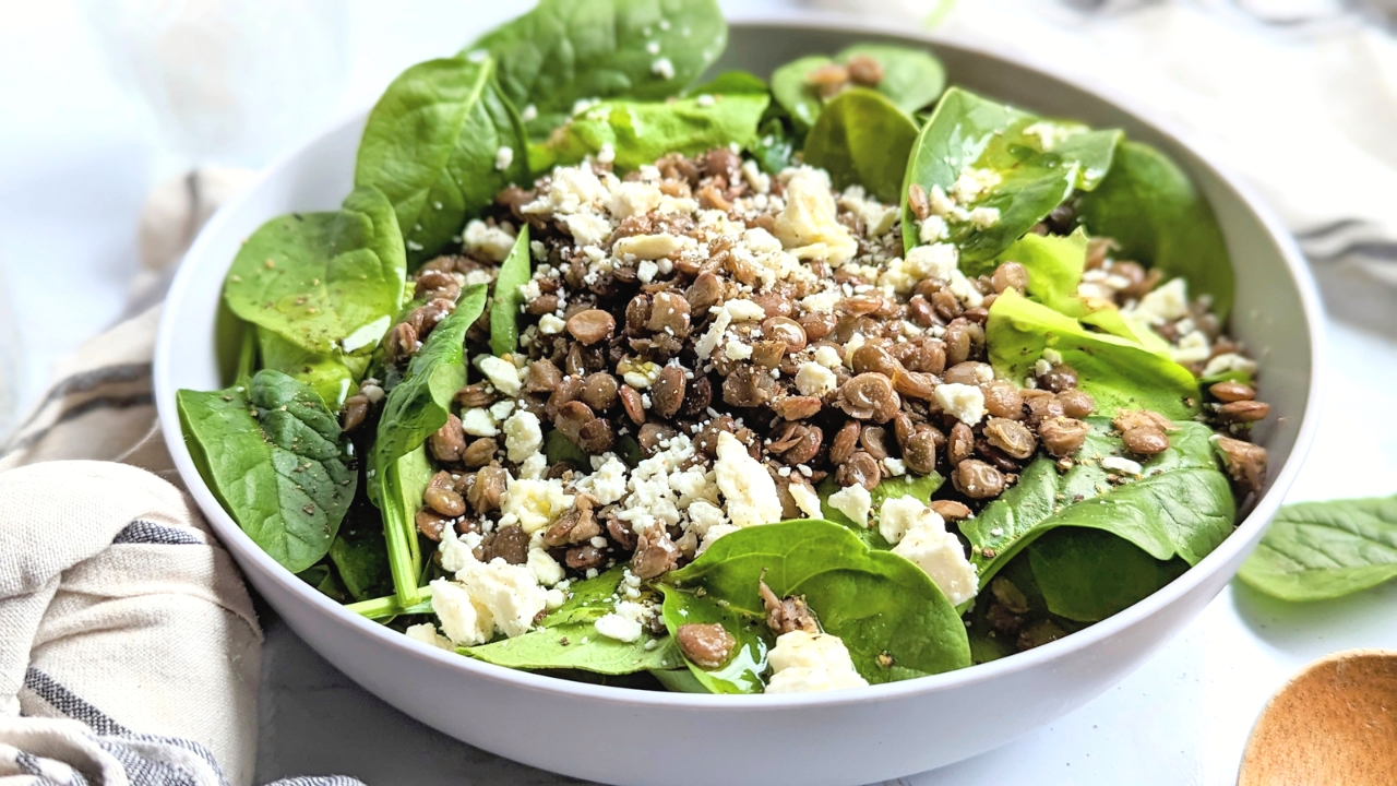 spinach salad with brown lentils healthy high protein vegetarian salads vegan option with no feta cheese in a bowl with fresh salad recipes for january.