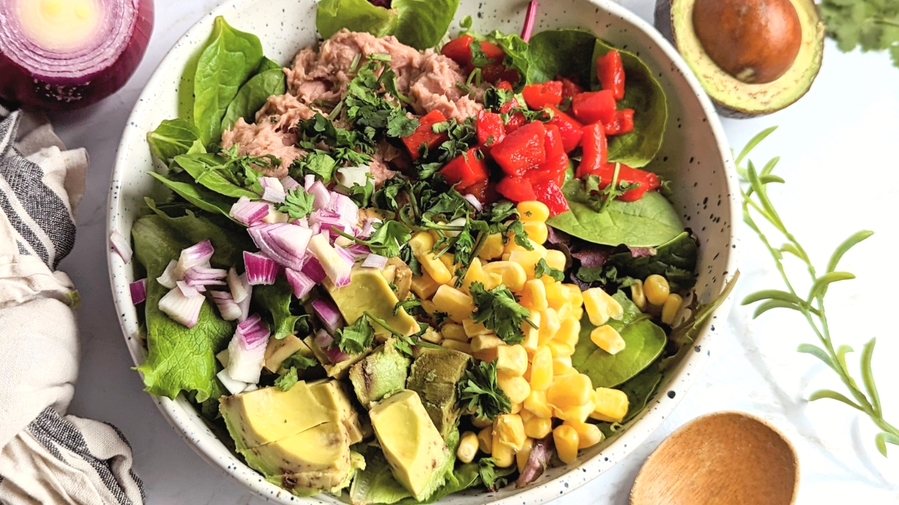 high protein tuns salad with avocado and roasted red peppers healthy lettuce tuna salad low carb keto recipes for lunch or dinner