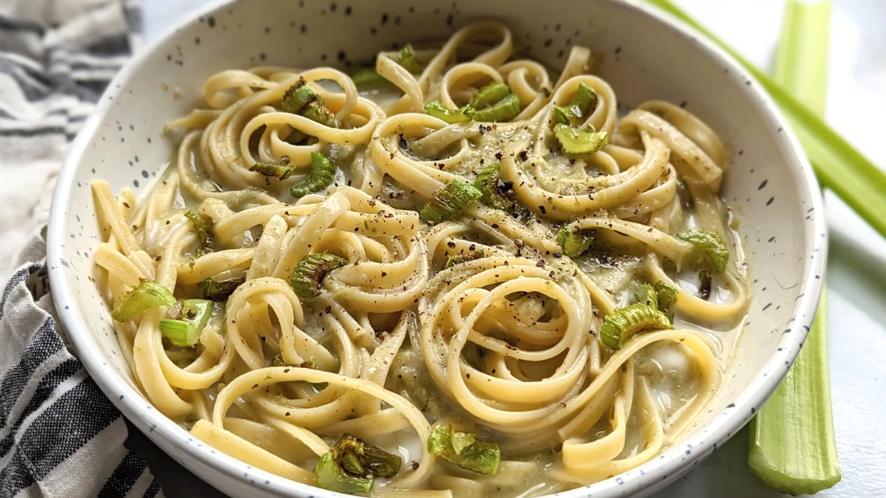 celery noodles recipe healthy pasta with celery in a creamy and delicious vegetable sauce vegan vegetarian dinner ideas with pasta