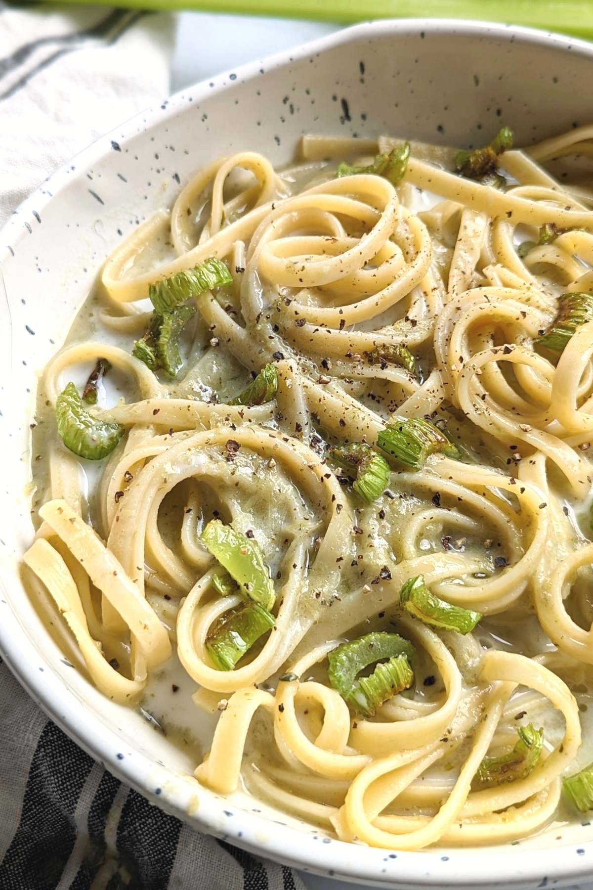 pasta with celery in a creamy vegan noodle sauce celery dinner recipes