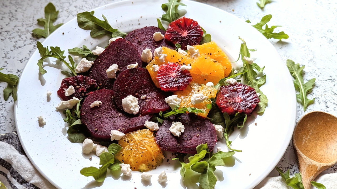 beet citrus salad recipe with cooked steamed beets naval oranges blood oranges and crumbled goat cheese