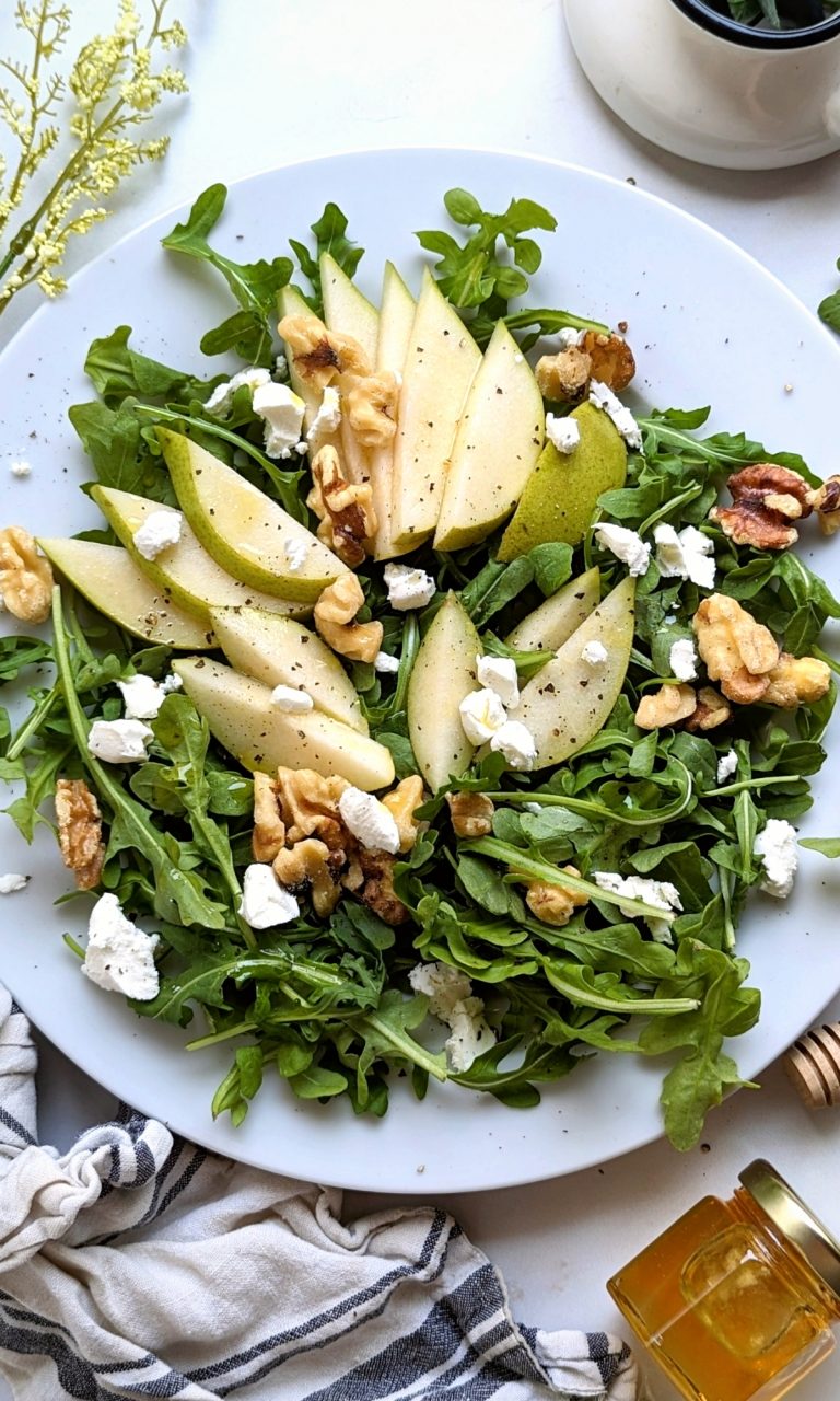 Arugula Pear Salad Recipe with Honey Vinaigrette Dressing - The Herbeevore