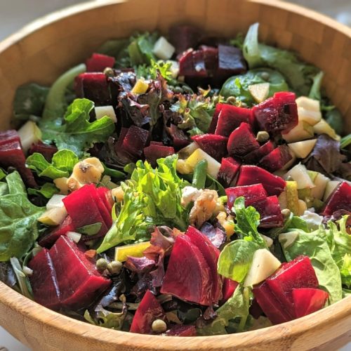 beet salad with pears walnuts and arugula mixed greens tossed with a easy honey vinaigrette dressing