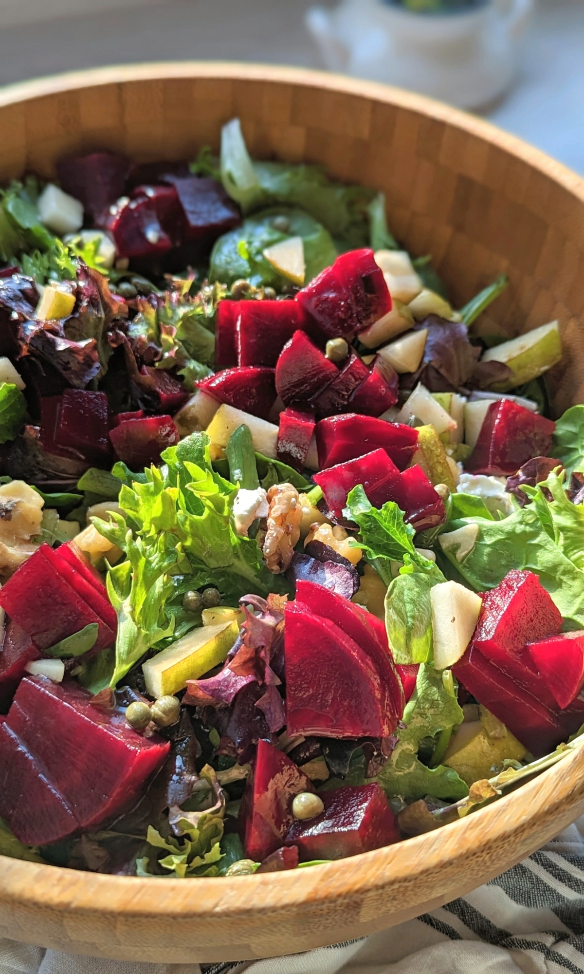salad with beets and pears easy beet salad with greens and nuts and fruit easy dressing for beets.