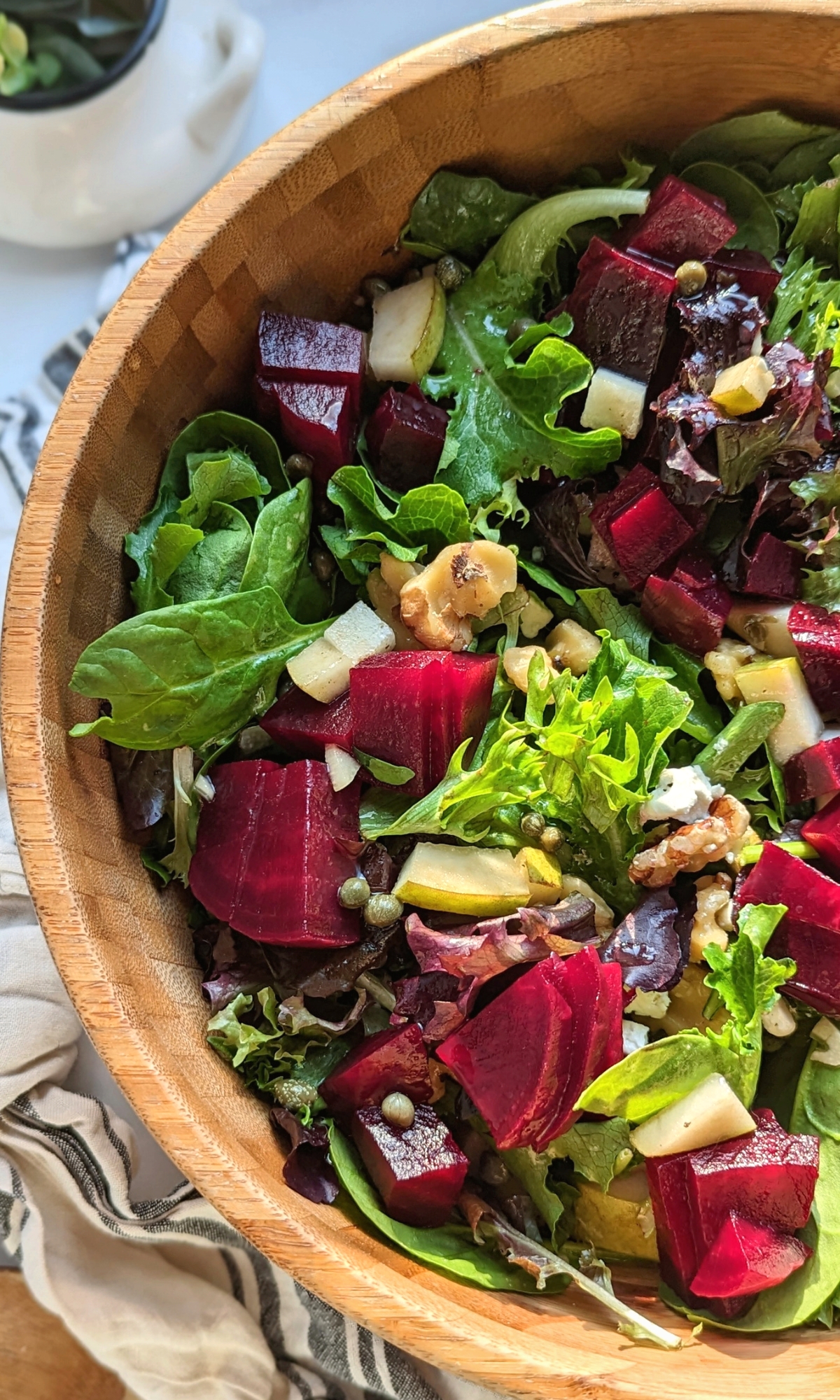 pear and beet salad recipe vegan beets recipes fruit and vegetable salad with mixed greens and walnuts.