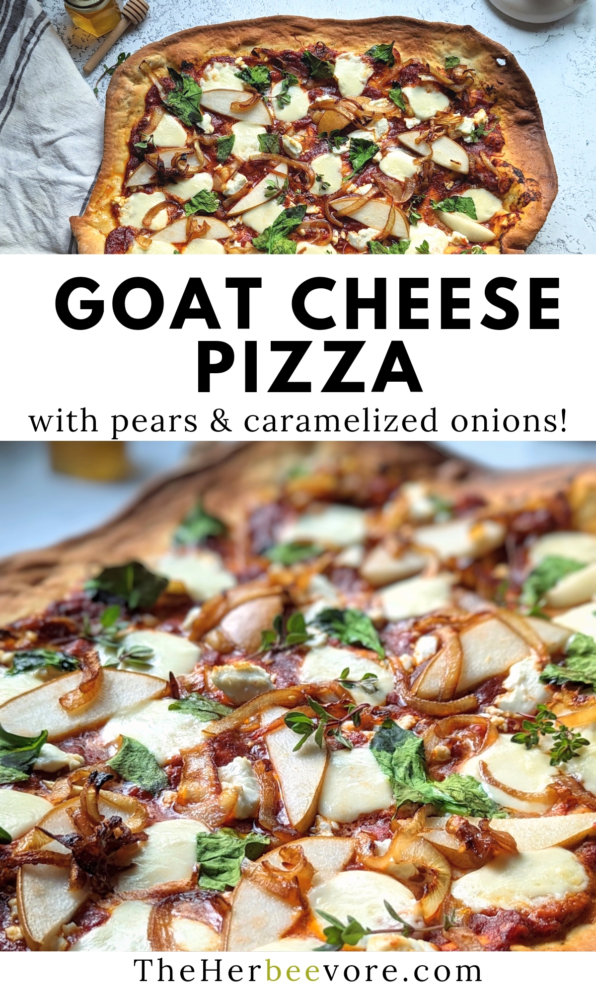 goat cheese pizza with red sauce caramelized onion and pear thyme and basil