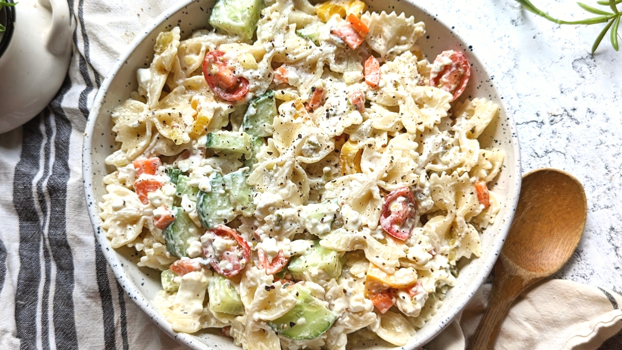 meatless creamy pasta salad with cottage cheese recipes side dishes with cottage cheese recipes for summer with cucumber tomato savory cottage cheese reicpe ideas and side dishes with mayo