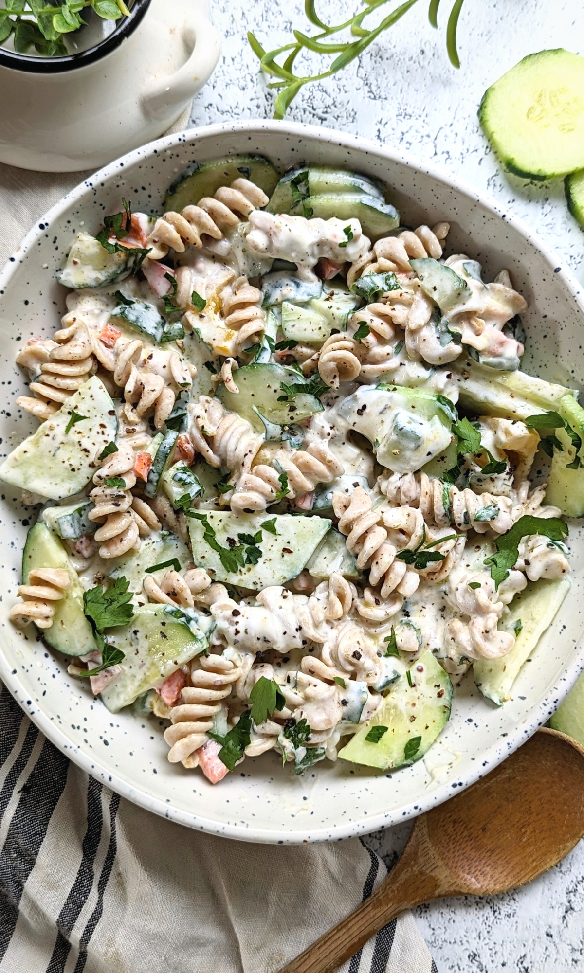 creamy vegan pasta salad with tzatziki dressing vegan vegetarian gluten free recipes for pot luck summer side dish salads