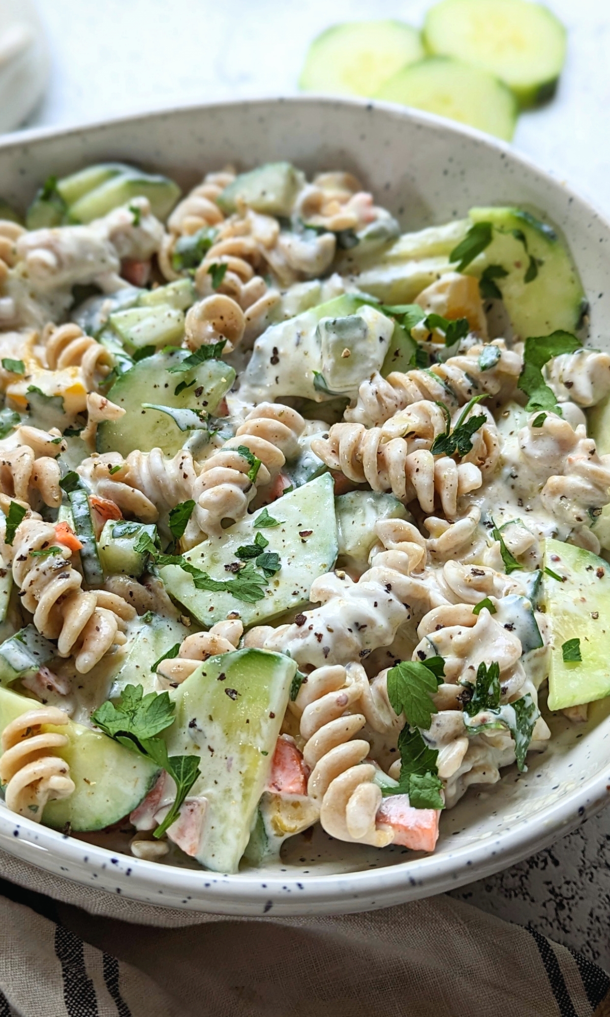 vegetarian tzatziki pasta salad recipe vegan gluten free plant based summer side dish recipes