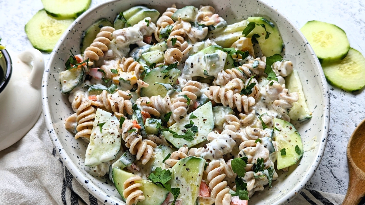 pasta salad with tzatziki vegetarian no dairy creamy pasta salad recipes summer side dishes bbq pot luck pasta salads