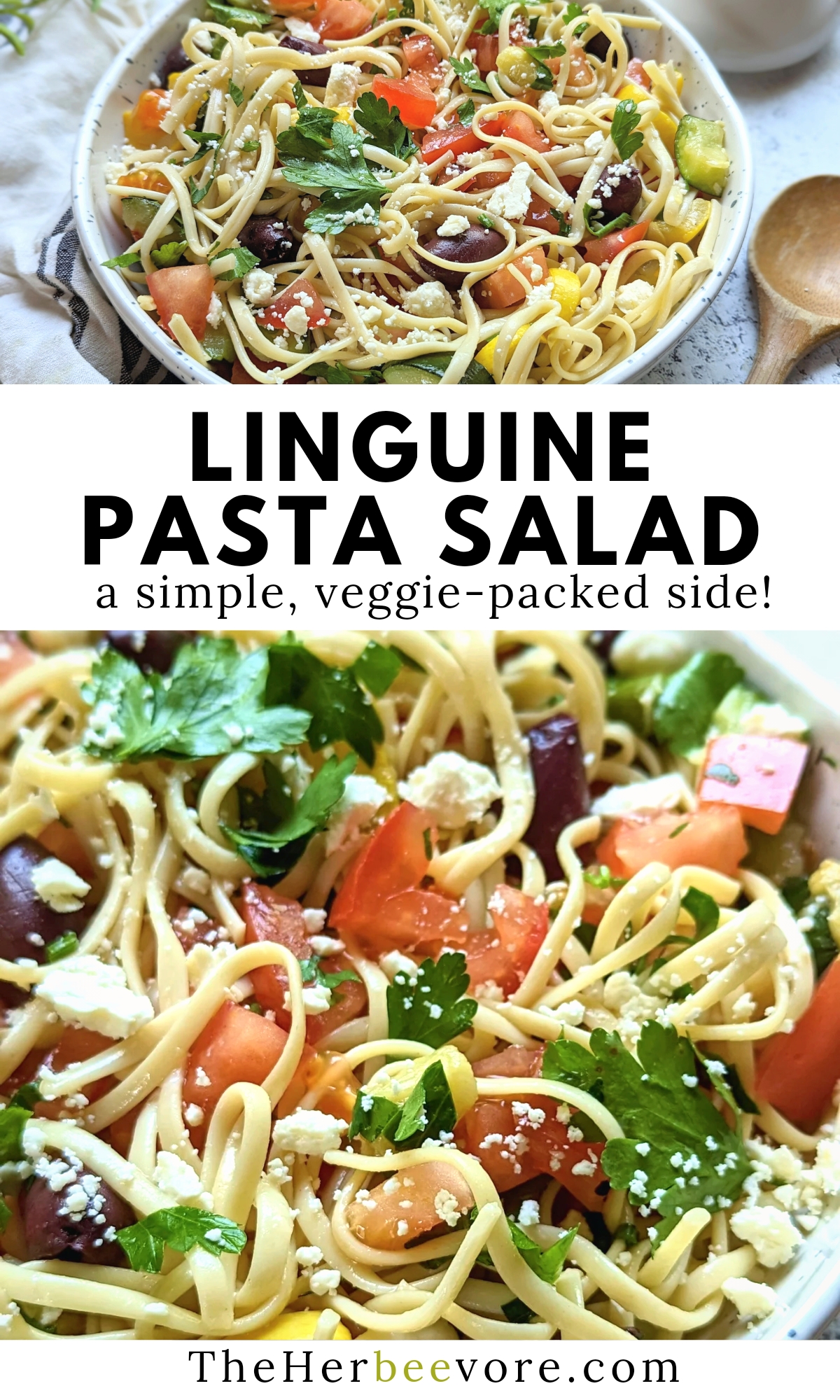 linguine pasta salad recipe with tomatoes cheese olives vegetables and a homemade red wine vinaigrette dressing