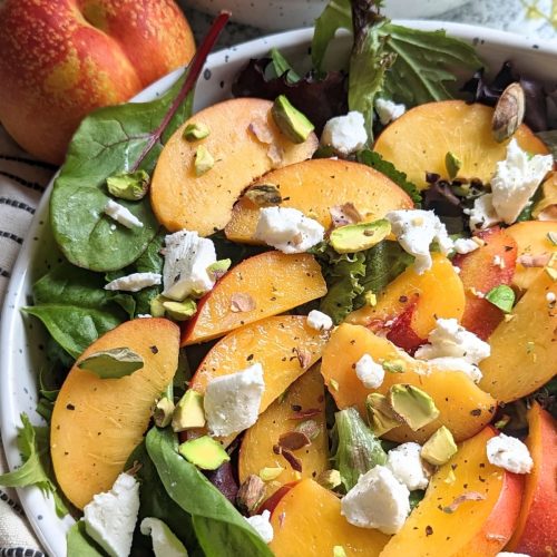 salad with nectarines and feta cheese and pistachios and an easy apple cider vinaigrette dressing vegetarian summer salad ideas
