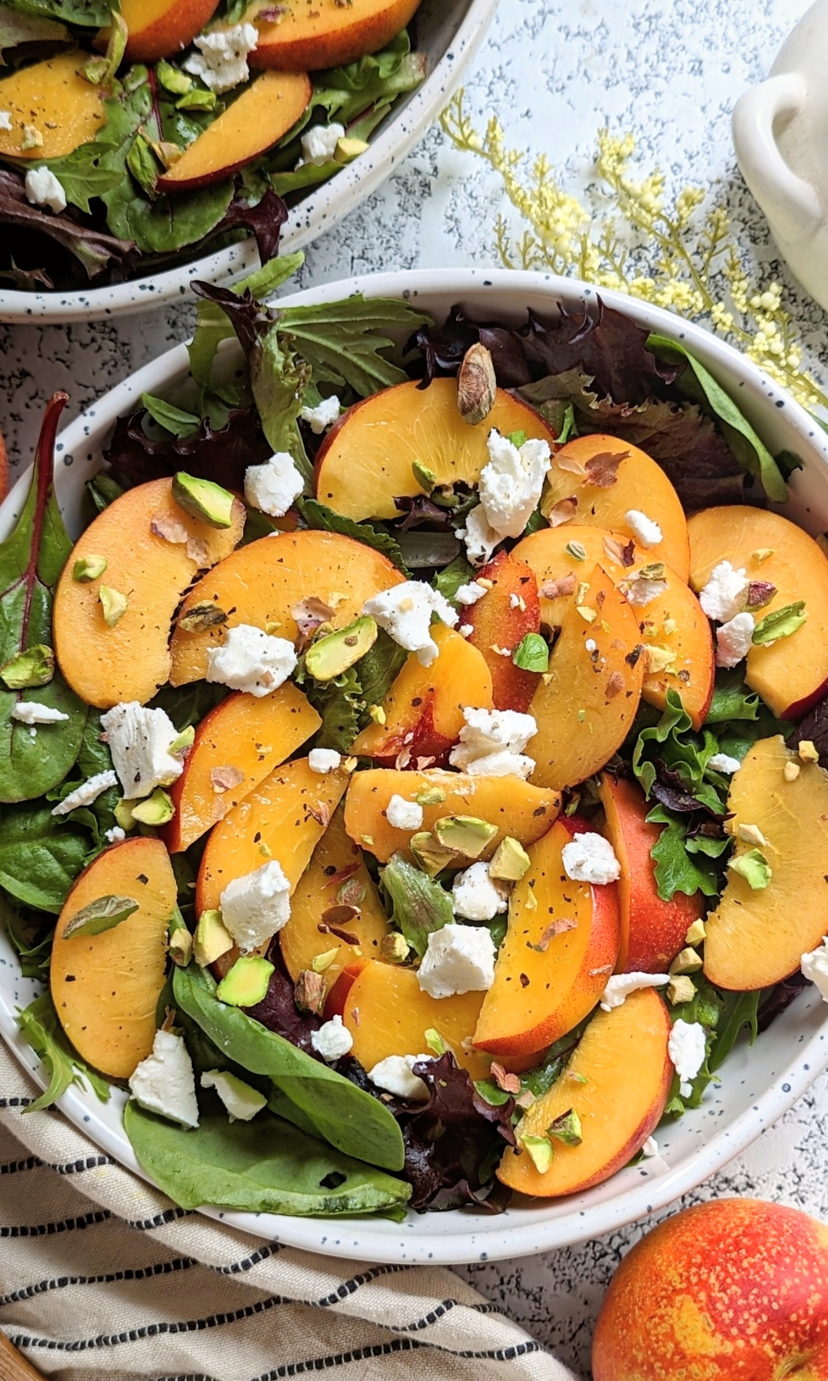 grilled nectarine salad with honey salad dressing feta cheese pistachios and apple cider vinegar