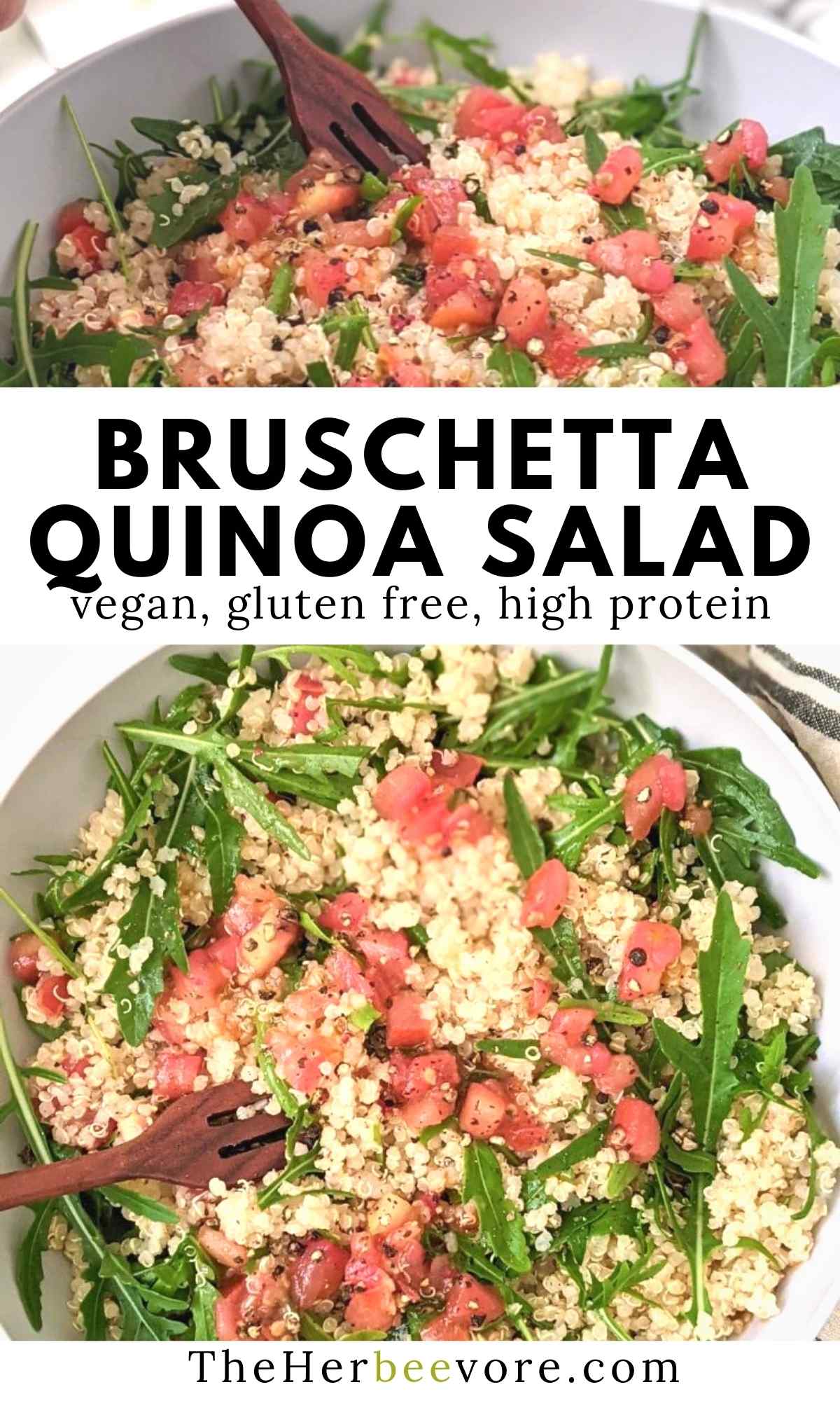 easy summer quinoa salad bowl recipe with bruschetta quinoa salad vegan gluten free summer salads dairy free high protein lunch or dinner recipes with arugula quinoa salad with tomatoes and basil and olive oil