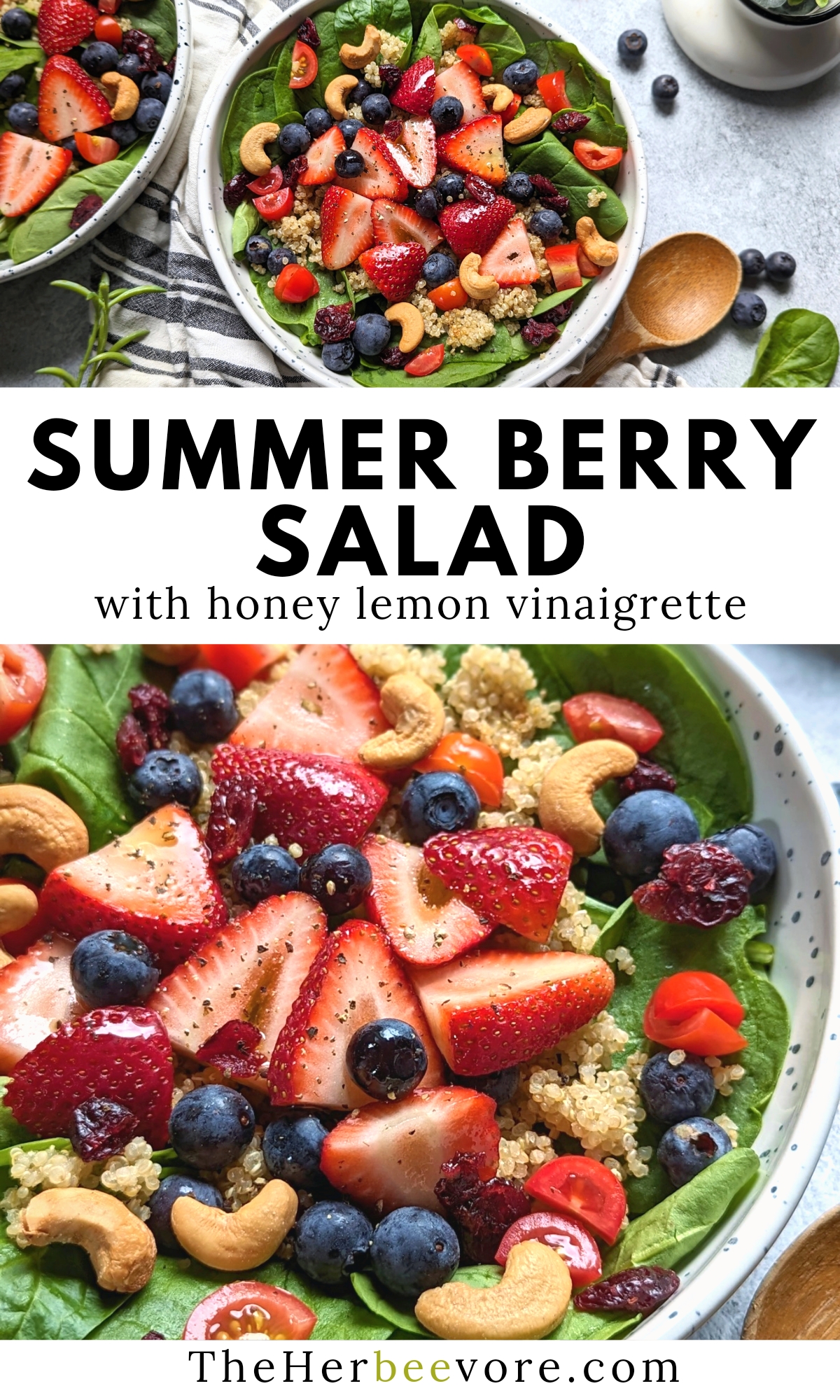 summer berry salad with honey lemon vinaigrette dressing cranberries and cashews and quinoa over spinach greens