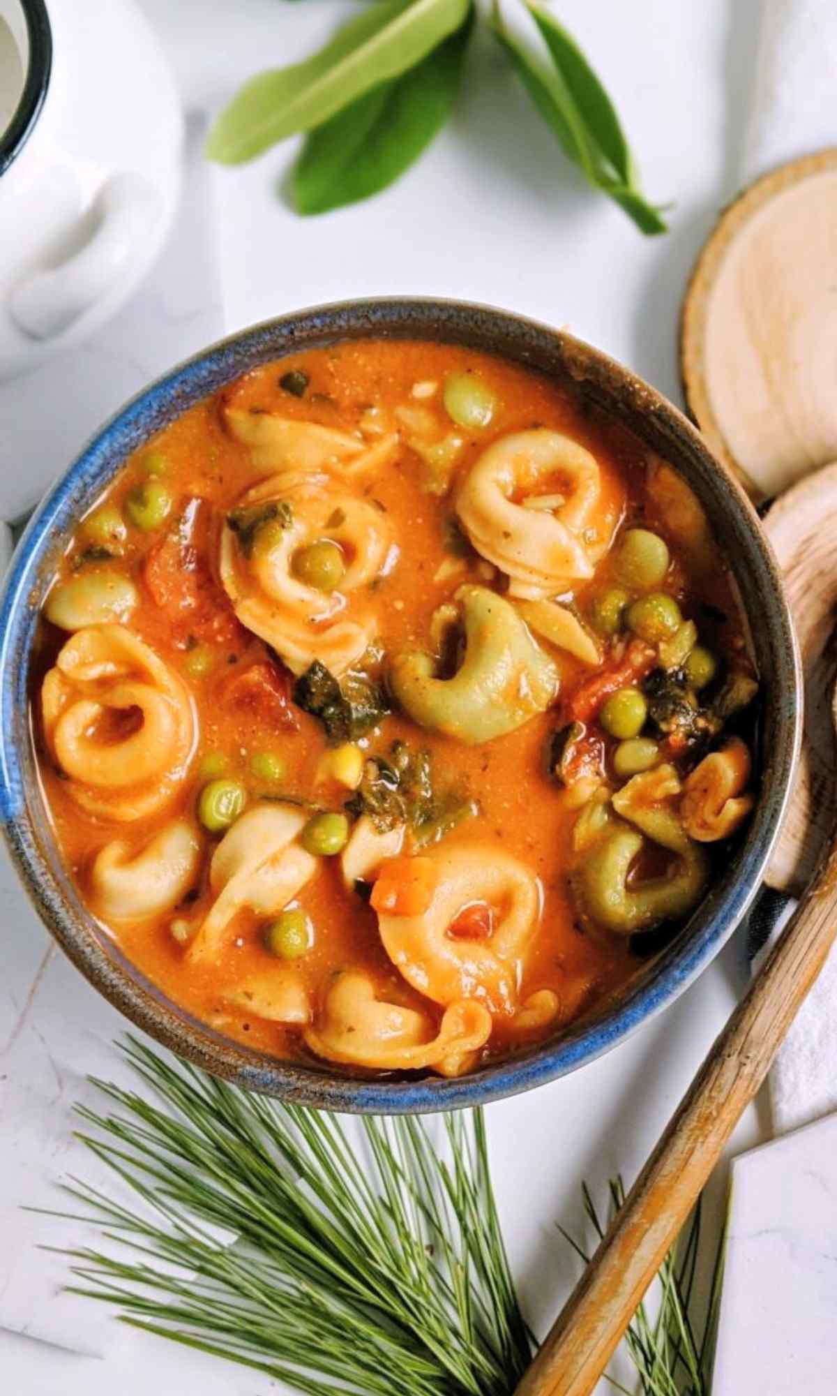 spinach tomato tortellini soup recipe with frozen mixed vegetables vegetarian tortellini recipes for lunch or dinner in a blue bowl with pine needles and a wooden spoon