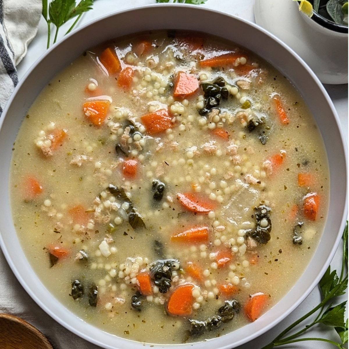 vegan Italian wedding soup recipe with carrots kale or spinach pastina or orzo and tvp sausage instead of meatballs