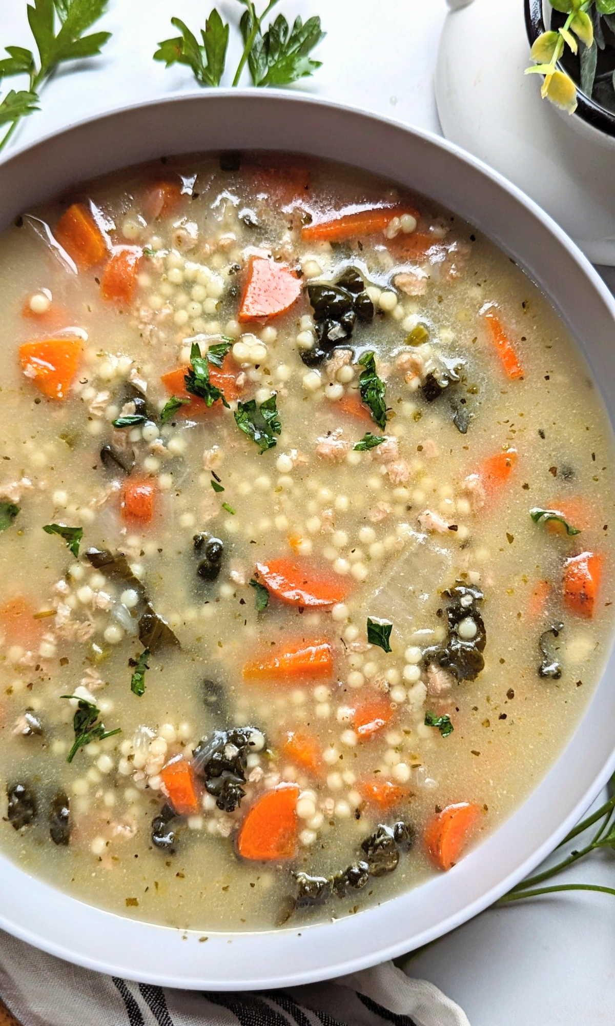 plant based italian wedding soup recipe with acini di pepe pasta israeli cous cous or orzo pasta and vegetables