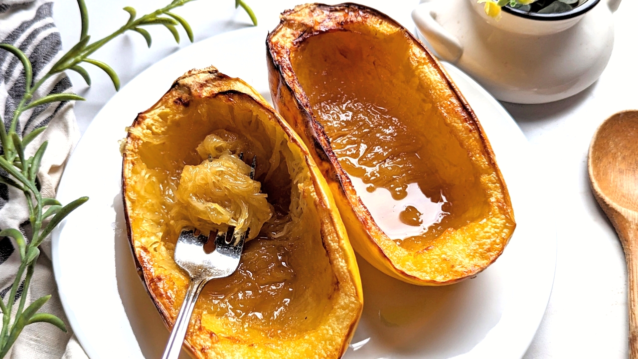 air fryer maple spaghetti squash recipe or roasted in the oven with brown sugar maple syrup and butter and salt