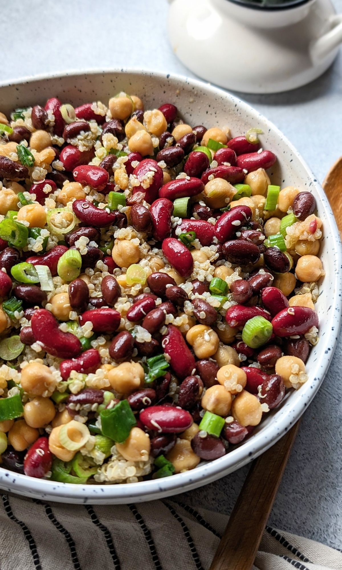 grain and bean salad recipe with quinoa chickpeas black beans garbanzos and kidney beans with vegetables
