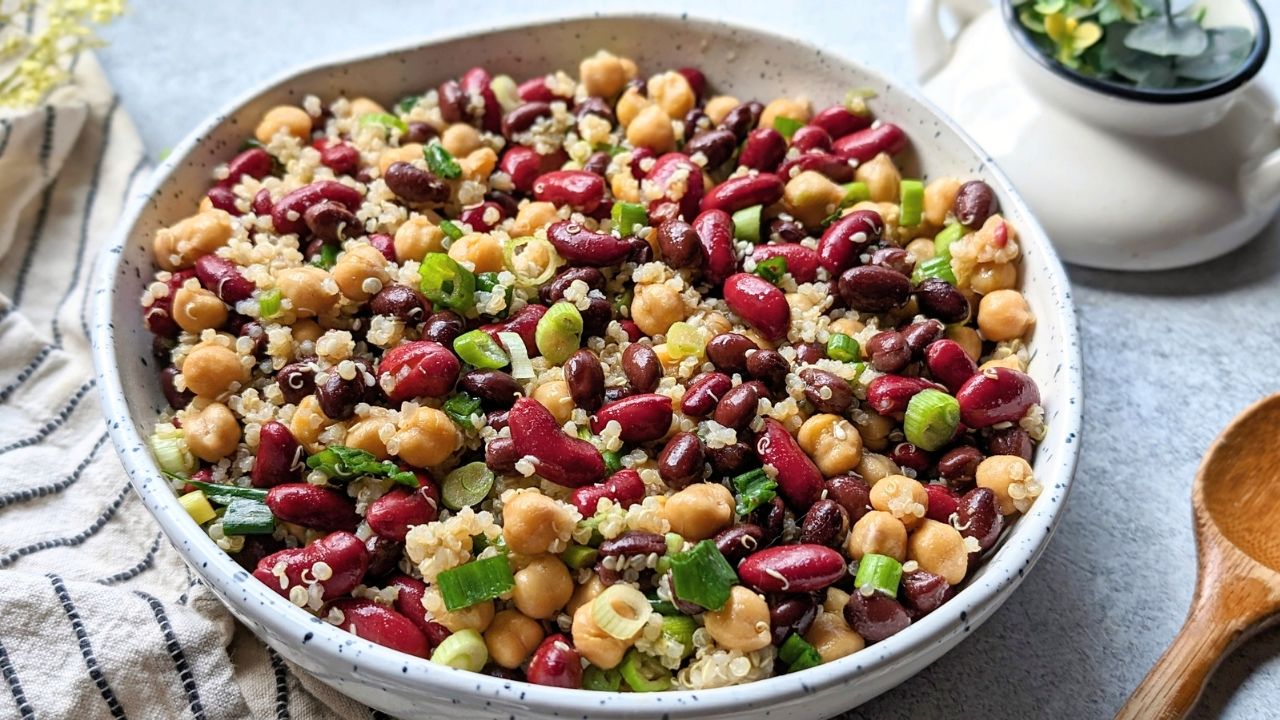 3 bean salad with quinoa and bean salad with grains and green onions hearty filling vegan lunch ideas