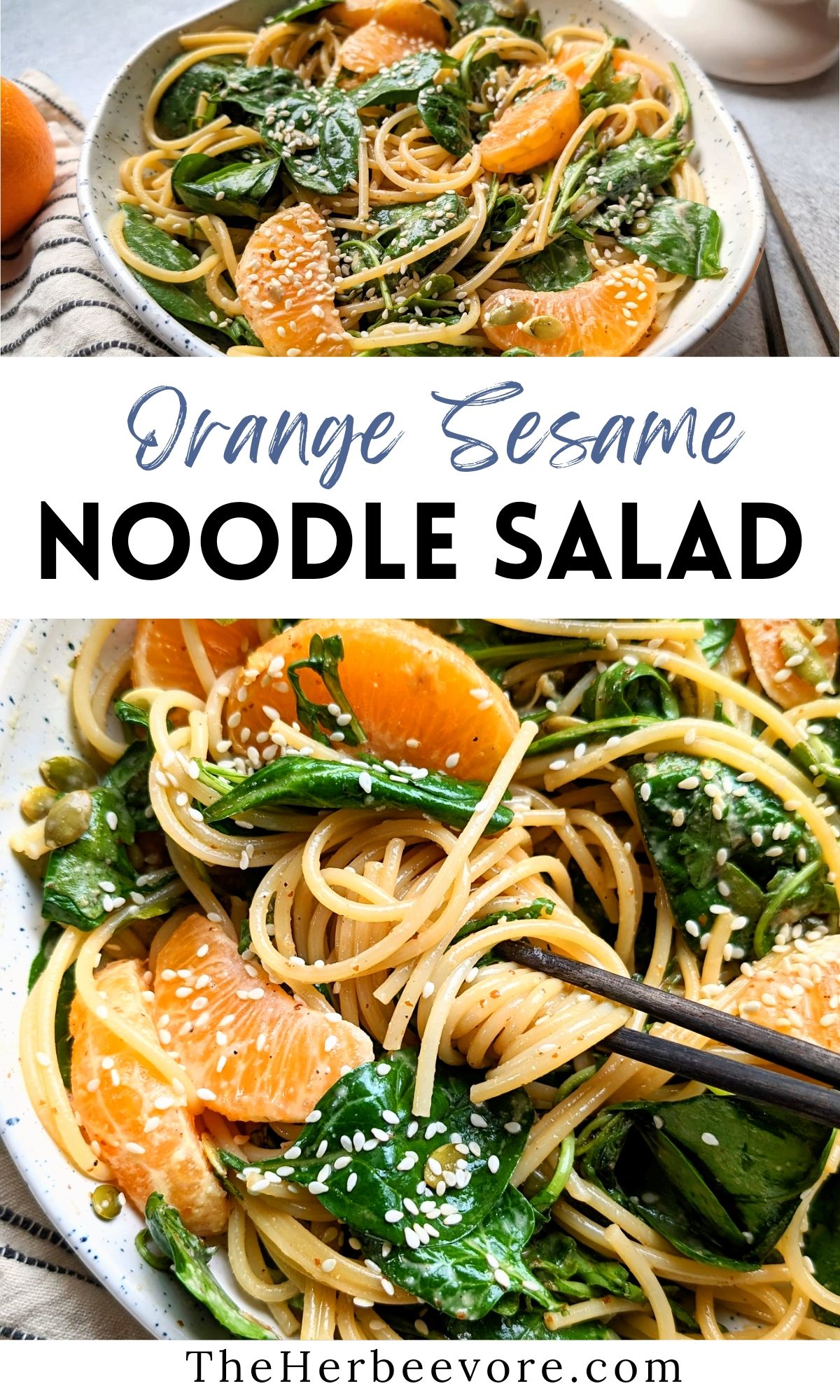 sesame orange noodle salad recipe cold noodle salad with oranges and baby spinach and sesame seeds in a tangy dressing vegan and vegetarian