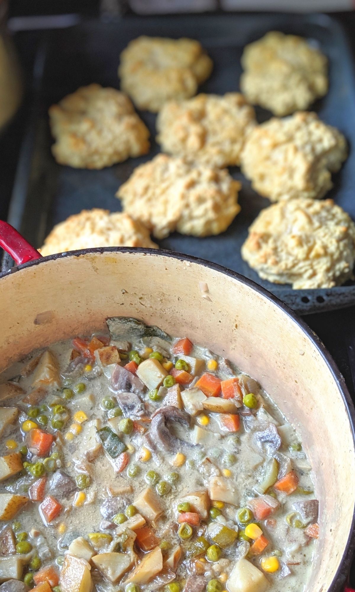 vegetable pot pie with biscuits recipe easy vegan pot pie filling in a dutch oven with homemade flake biscuits on the stove