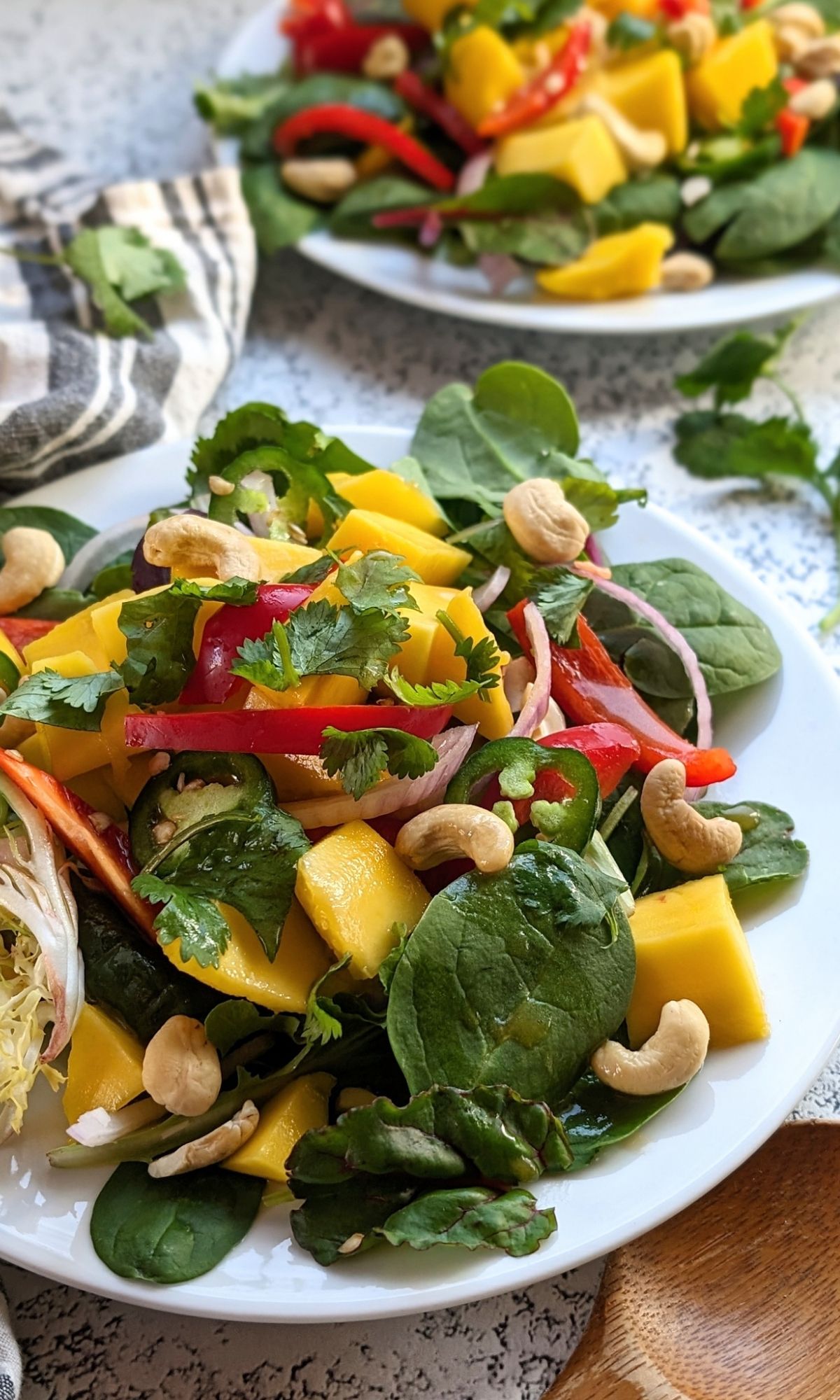 a bed of greens with juicy mangoes on top and cashews with fresh cilantro leaves and thin sliced red onions