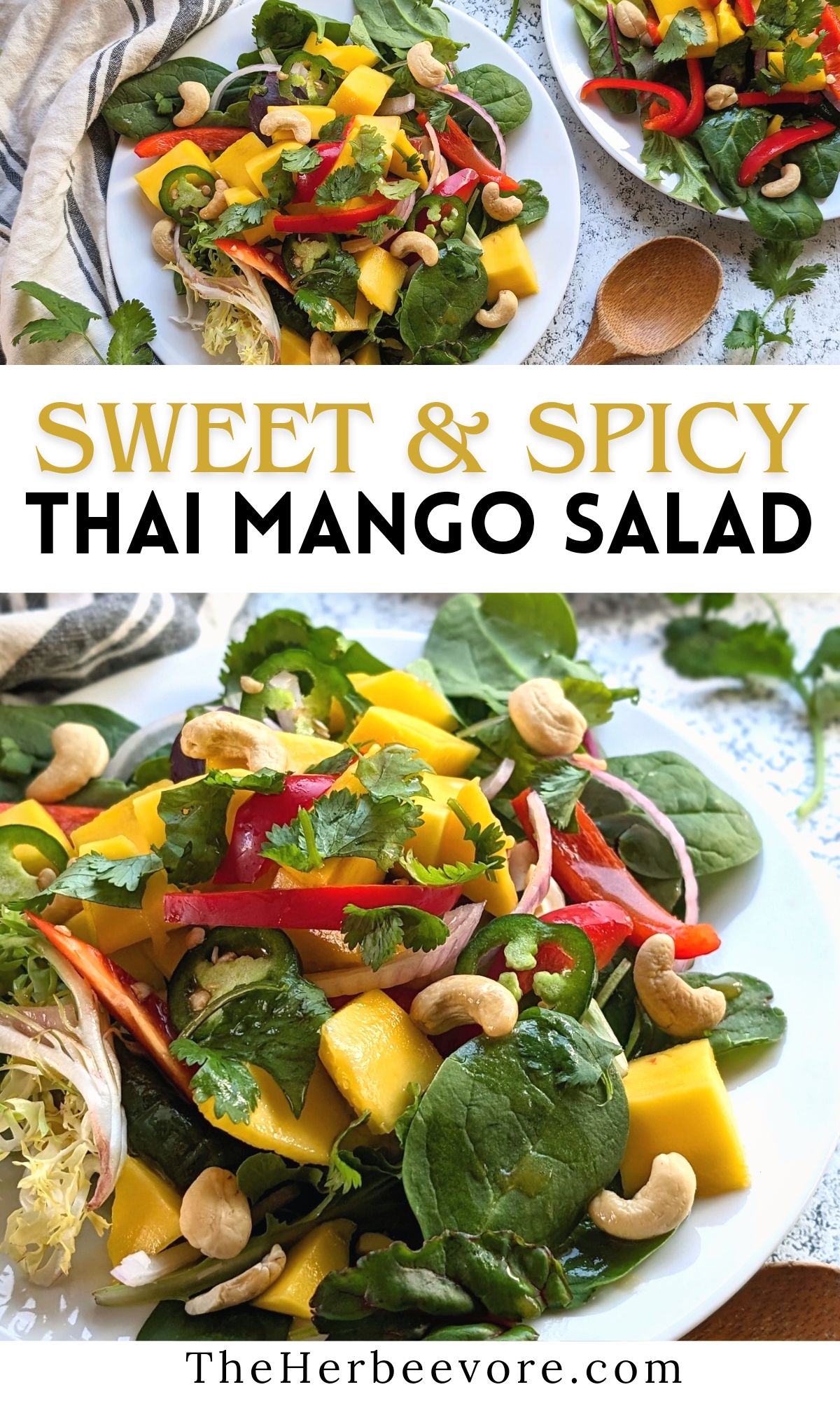 sweet and spicy thai mango salad with jalapeno peppers and sriracha lime dressing on a plate