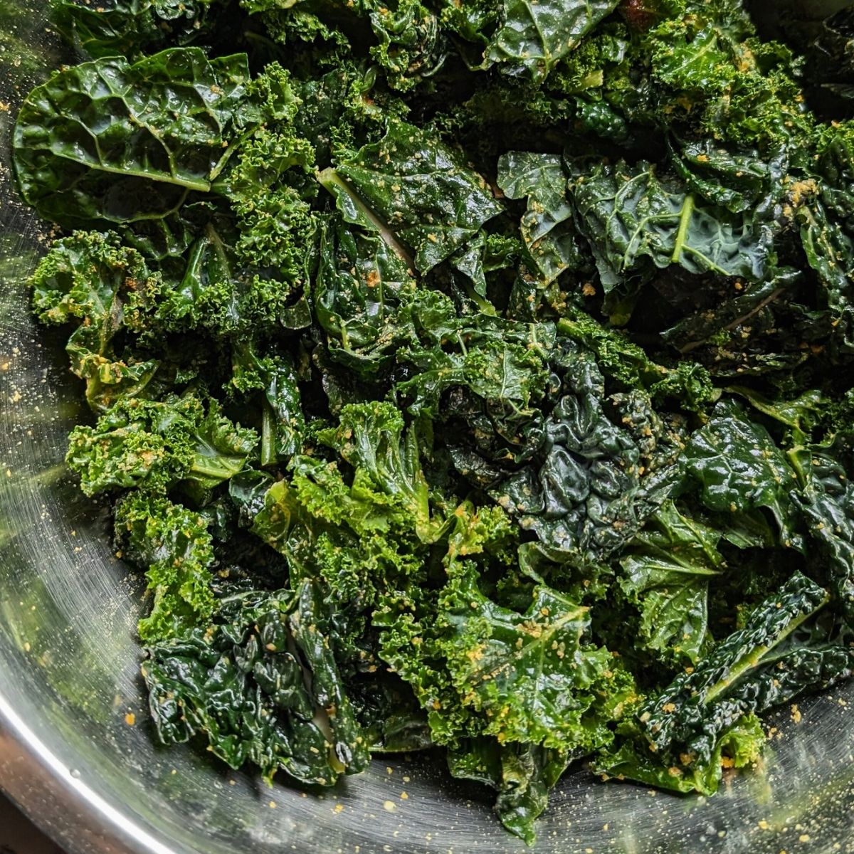 fresh kale for kale chips with nutritional yeast olive oil salt garlic powder onion powder and cayenne pepper in a bog bowl